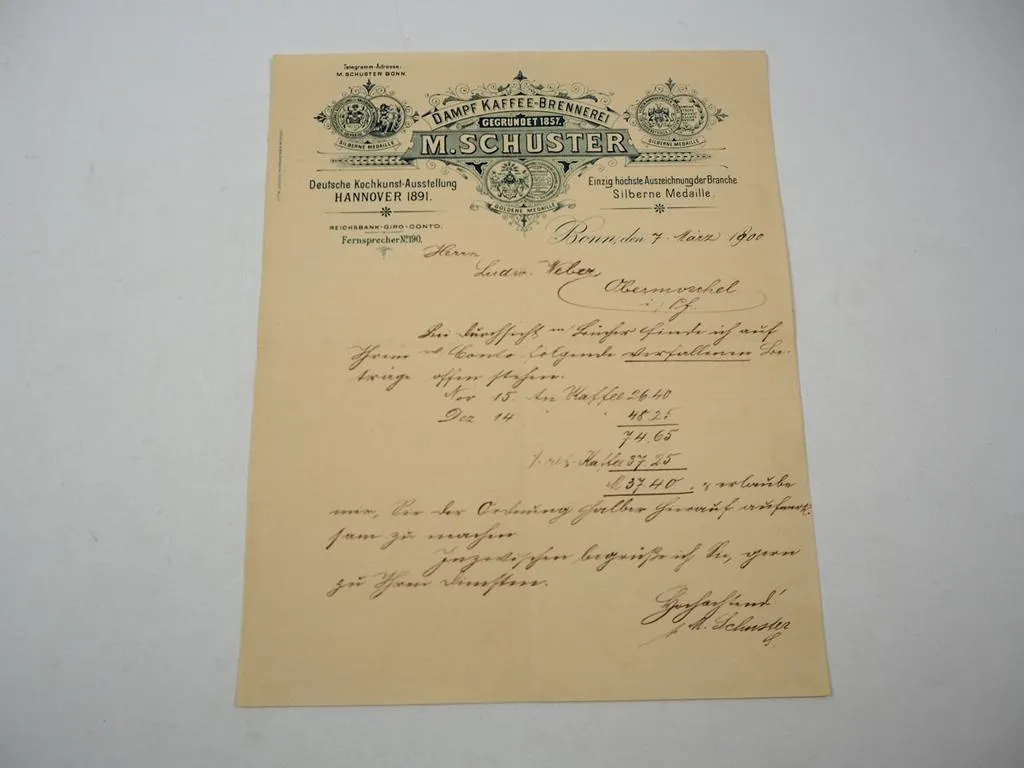 Firmenbrief M. Schuster Dampf Kaffee Brennerei Bonn 7.03.1900