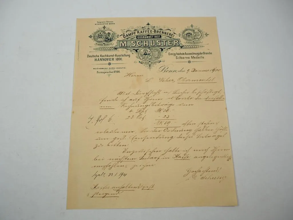 Firmenbrief M. Schuster Dampf Kaffee Brennerei Bonn 9.01.1900