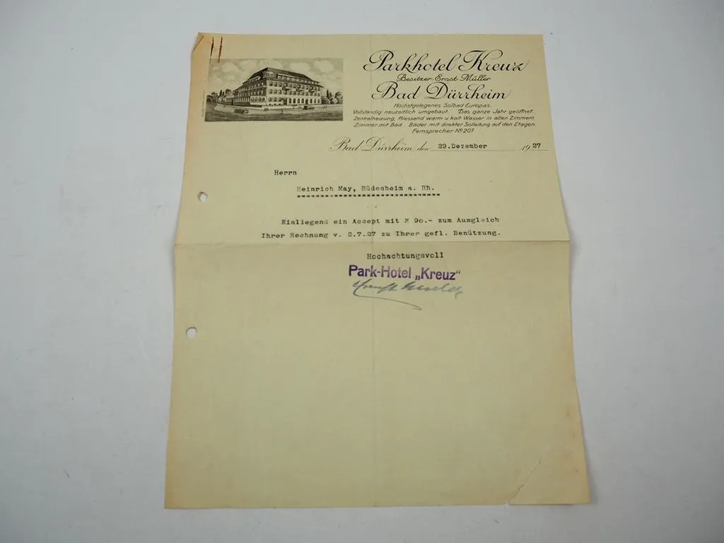 Firmenbrief Parkhotel Kreuz Bad Dürrheim Baden Württemberg 1927