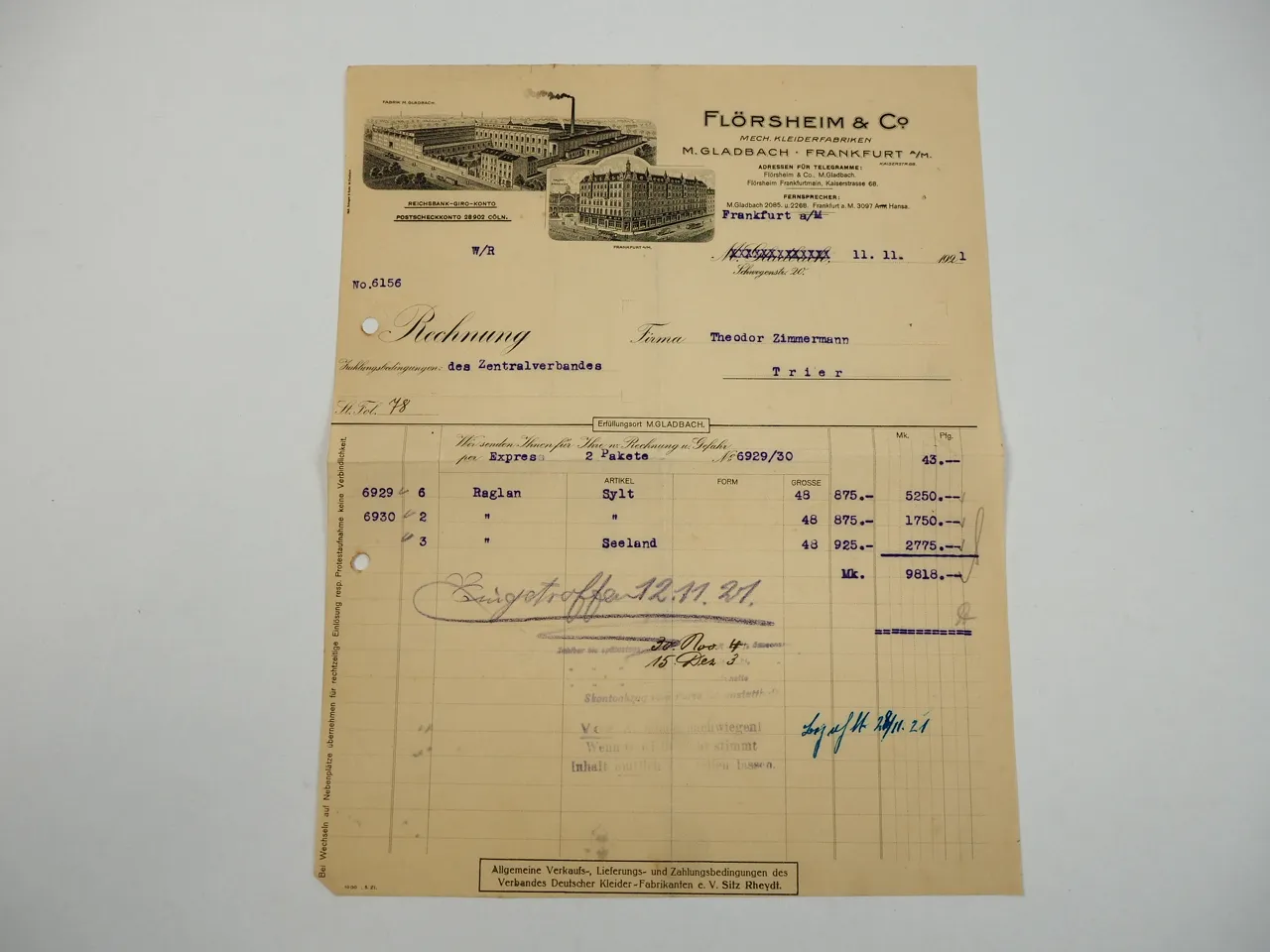Flörsheim Co. Mönchengladbach Frankfurt Mech. Kleiderfabriken Rechnung 1921