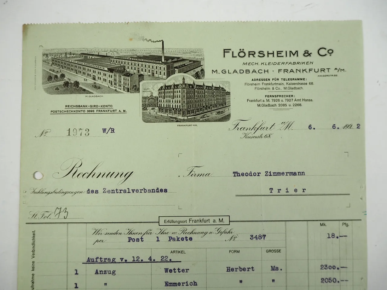 Flörsheim & Co. Mönchengladbach Frankfurt Mech. Kleiderfabriken Rechnung 1922