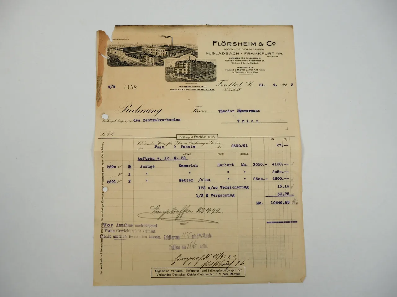 Flörsheim Co. Mönchengladbach Frankfurt Mech. Kleiderfabriken Rechnung 1922