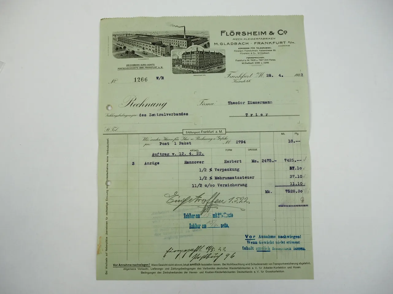 Flörsheim Co. Mönchengladbach Frankfurt Mech. Kleiderfabriken Rechnung 1922