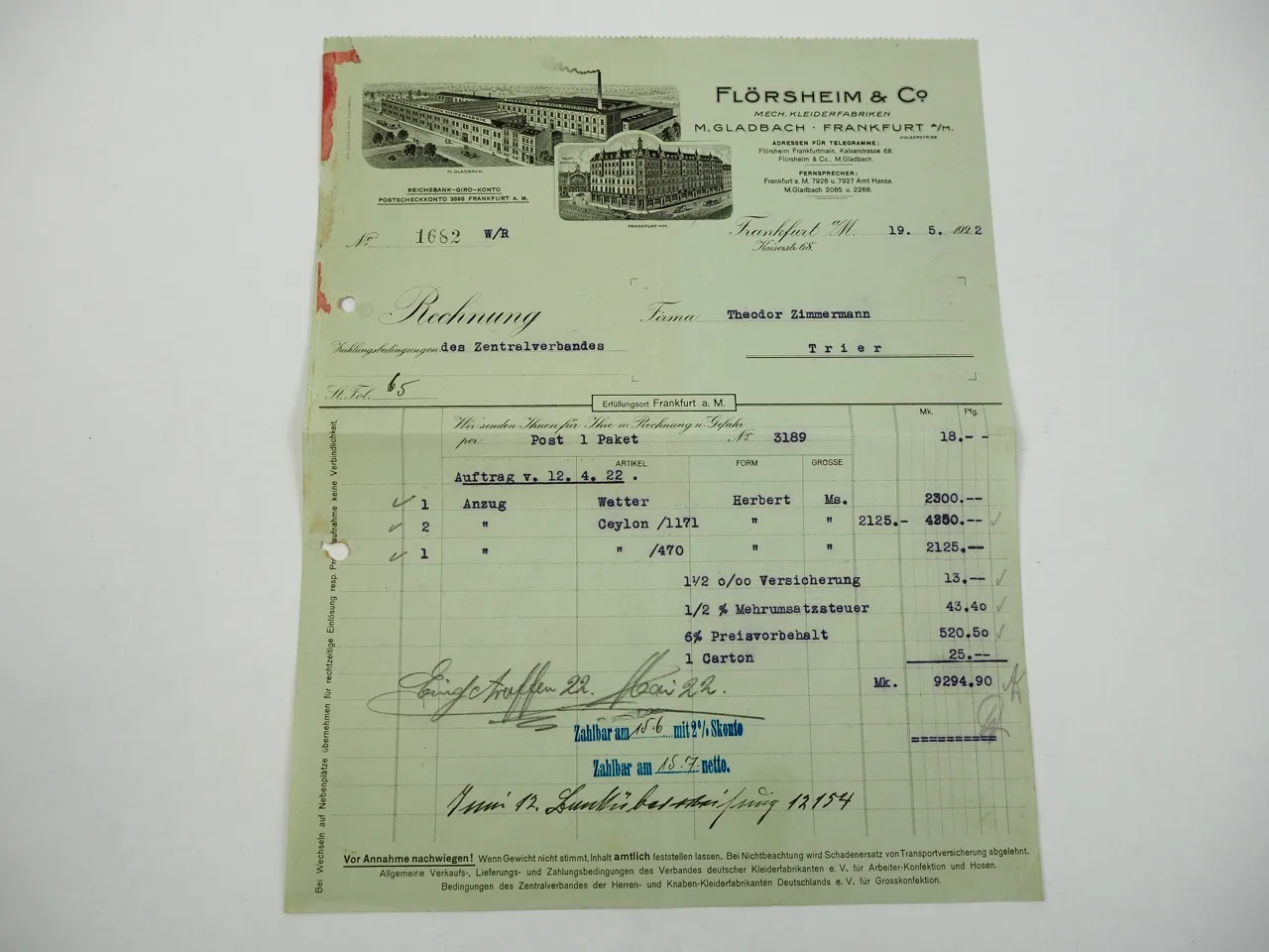 Flörsheim Co. Mönchengladbach Frankfurt Mech. Kleiderfabriken Rechnung 1922