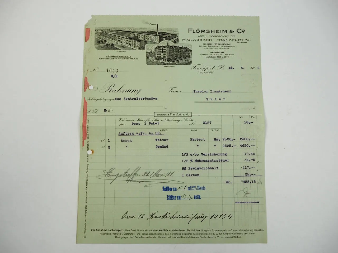 Flörsheim Co. Mönchengladbach Frankfurt Mech. Kleiderfabriken Rechnung 1922