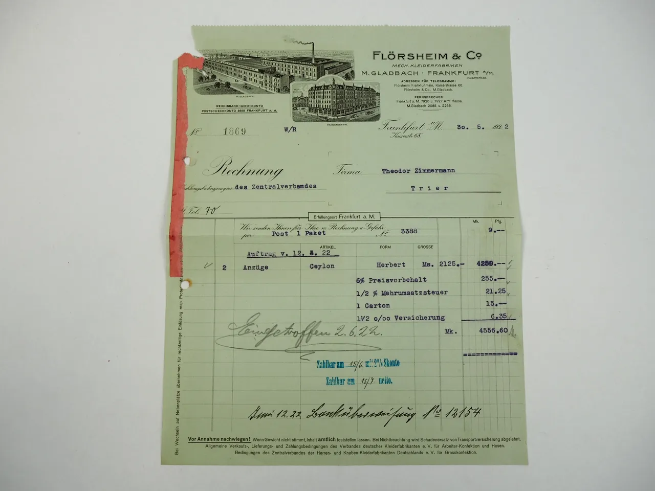 Flörsheim Co. Mönchengladbach Frankfurt Mech. Kleiderfabriken Rechnung 1922