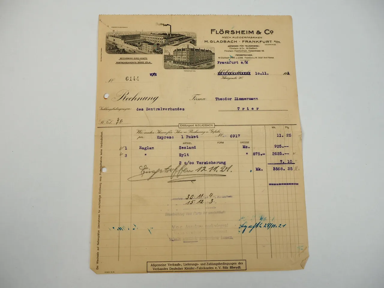 Flörsheim Co. Mönchengladbach Frankfurt Mech. Kleiderfabriken Rechnung 1922