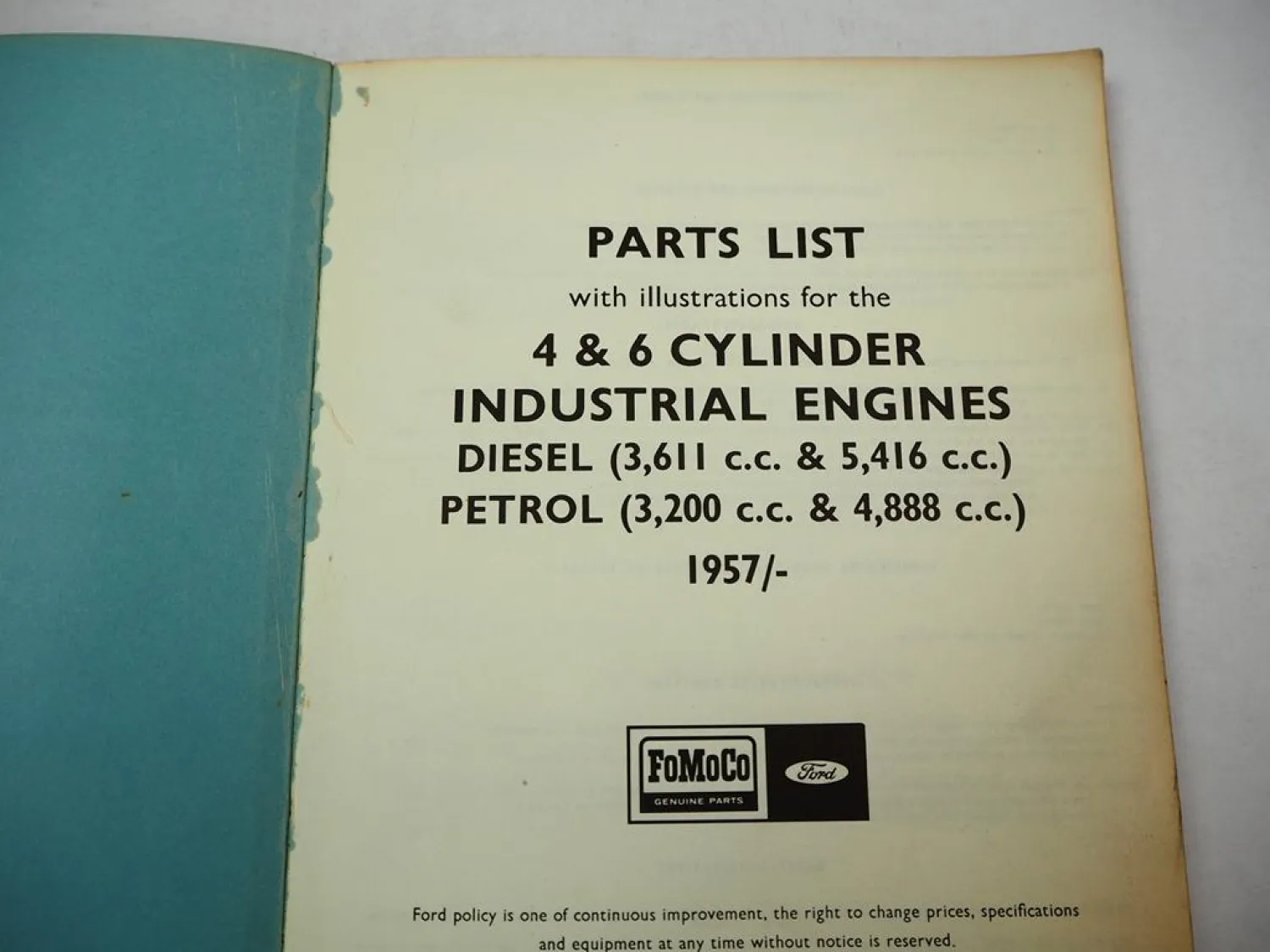 Ford 4 and 6 Cylinder Industrial Engines Diesel Petrol Parts List 1957 - 1963