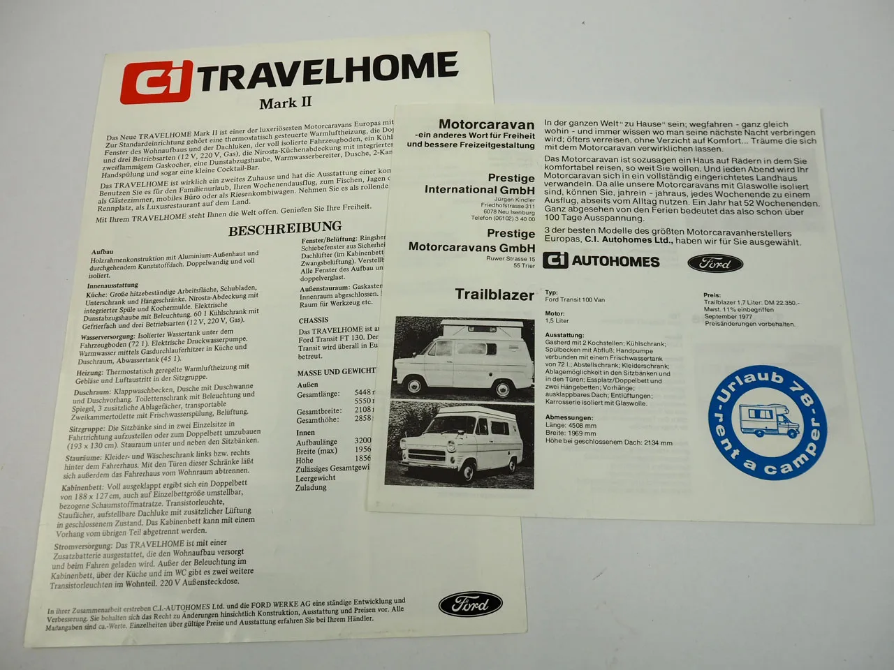 Ford Ci Travelhome II Transit FT 130 Autohome Wohnmobil Camping Prospekt 1977