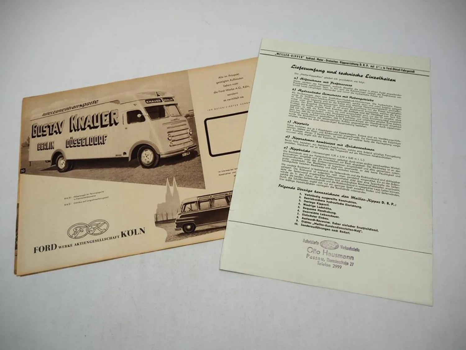 Ford Fahrgestell Meiller Kipper LKW Aufbau nach Wahl Prospekt 1950er J.