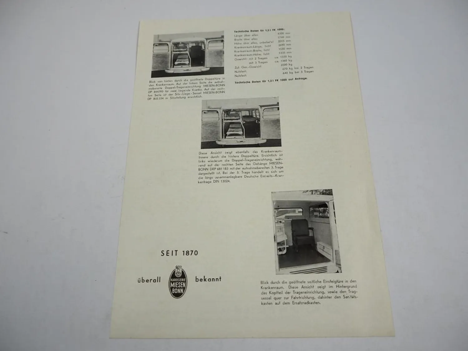 Ford FK 1000 1,5 I Miesen Bonn Krankenwagen Prospekt Technische Daten 50/60er J