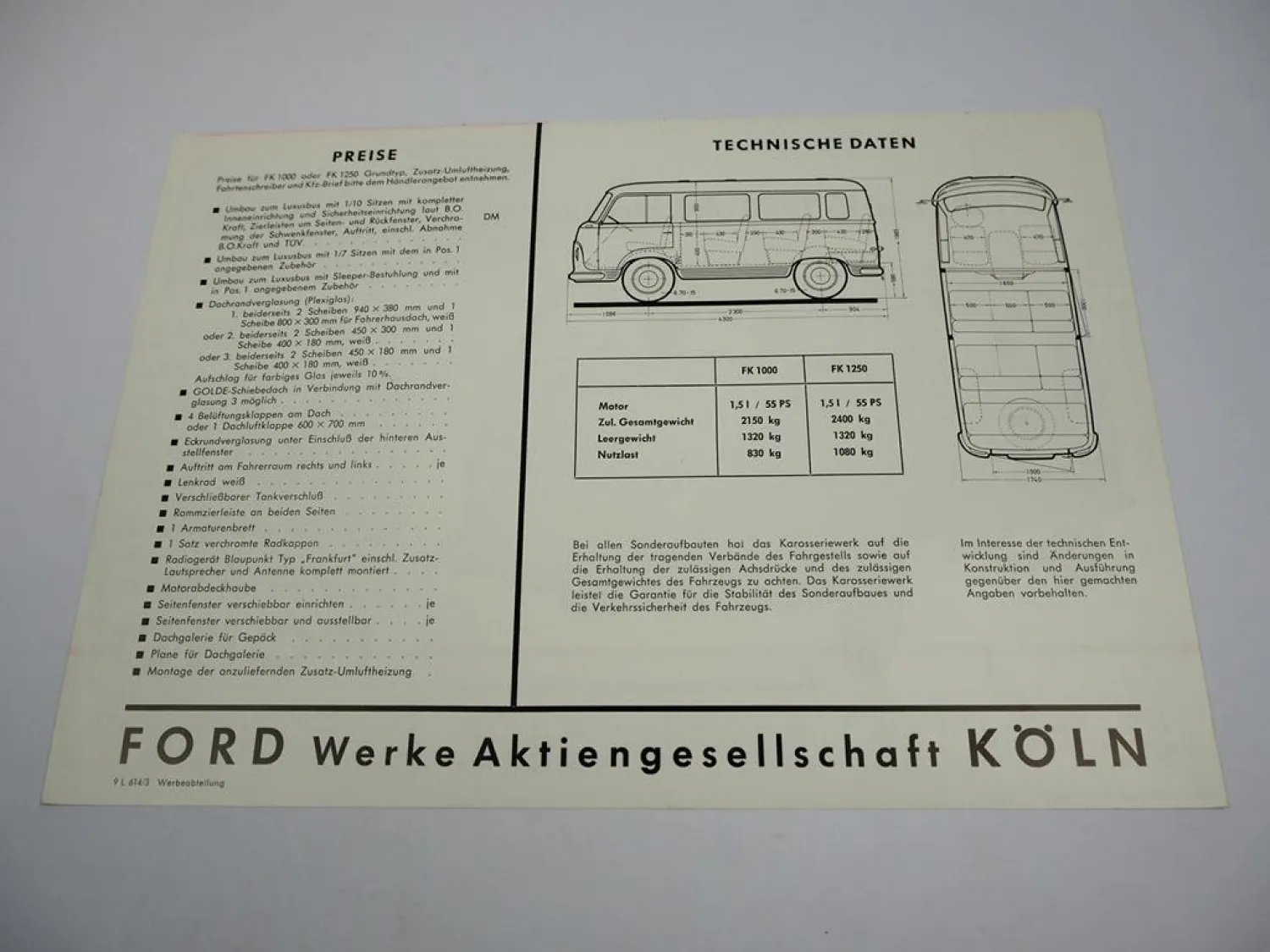 Ford FK 1000 1250 Luxusbus Bauart MIGÖ Prospekt Technische Daten ca. 1960er J.