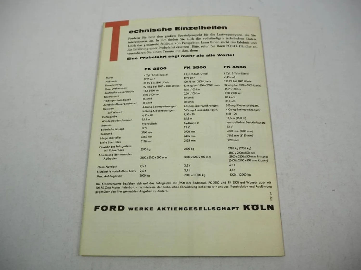 Ford FK 2500 3500 4500 Lastkraftwagen Prospekt Technische Daten 1960er J.