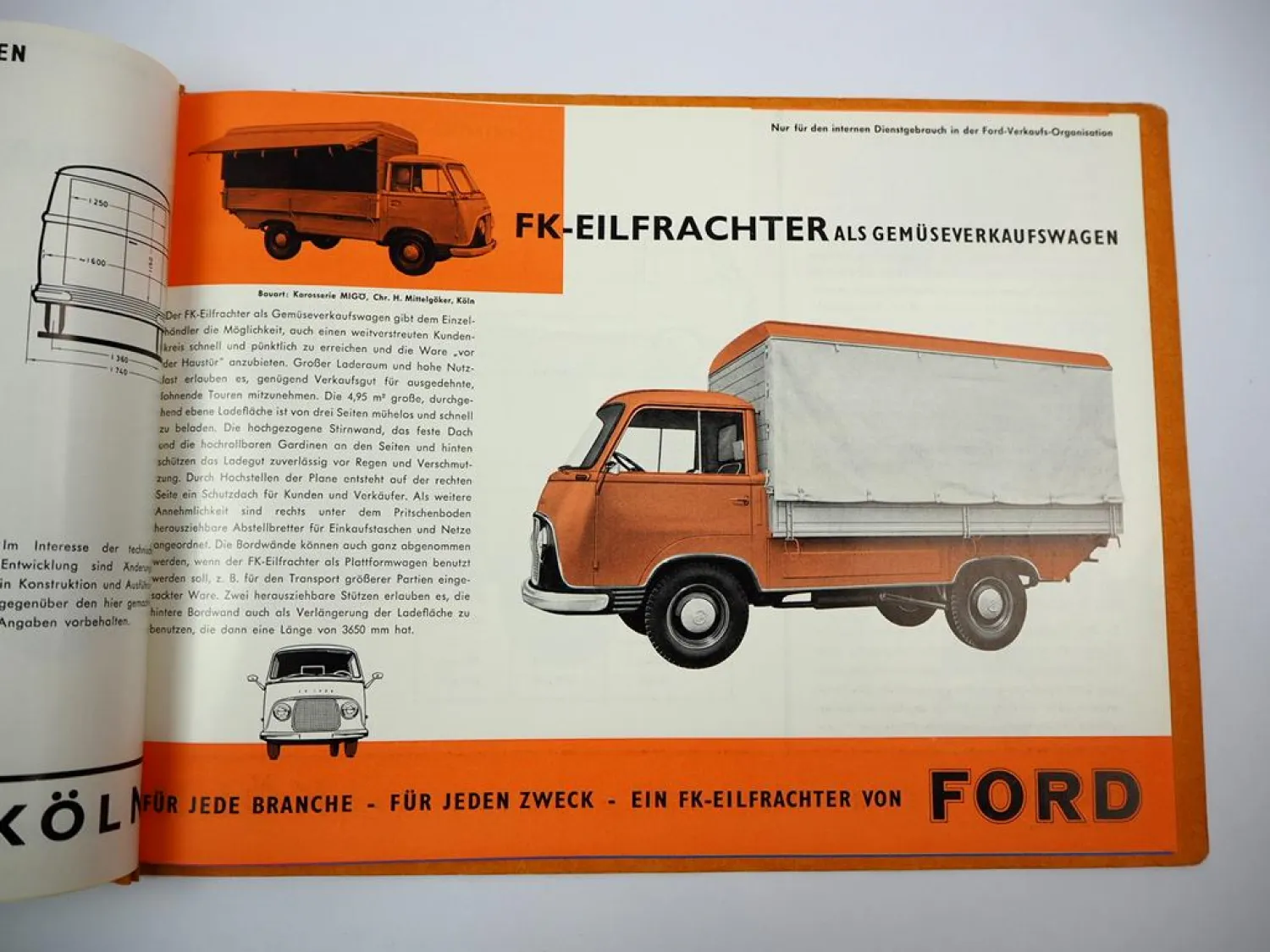 Ford FK Eilfrachter Aufbauten Mappe mit 10x Prospekt + Anschreiben 1958
