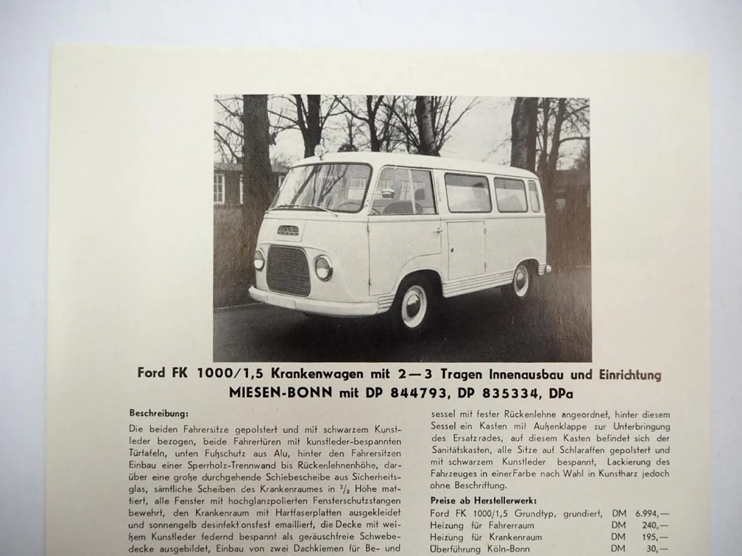 Ford FK1000 Krankenwagen Aufbau Prospekt Preisliste Miesen Bonn 1956