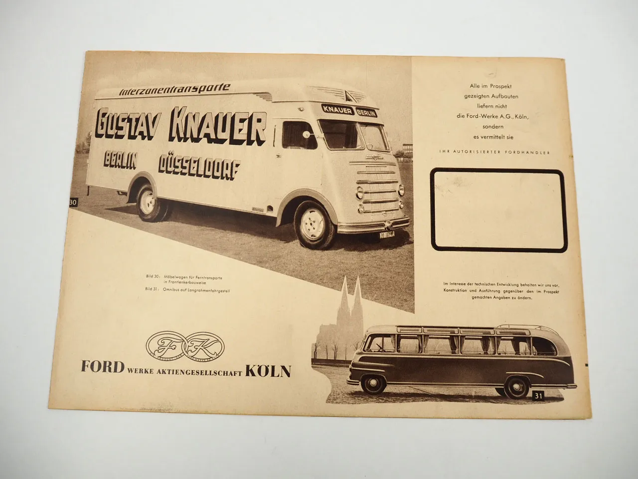 Ford FK3500 Lastwagen Aufbauten Kipper Bus Pritsche LKW Prospekt 1950er Jahre