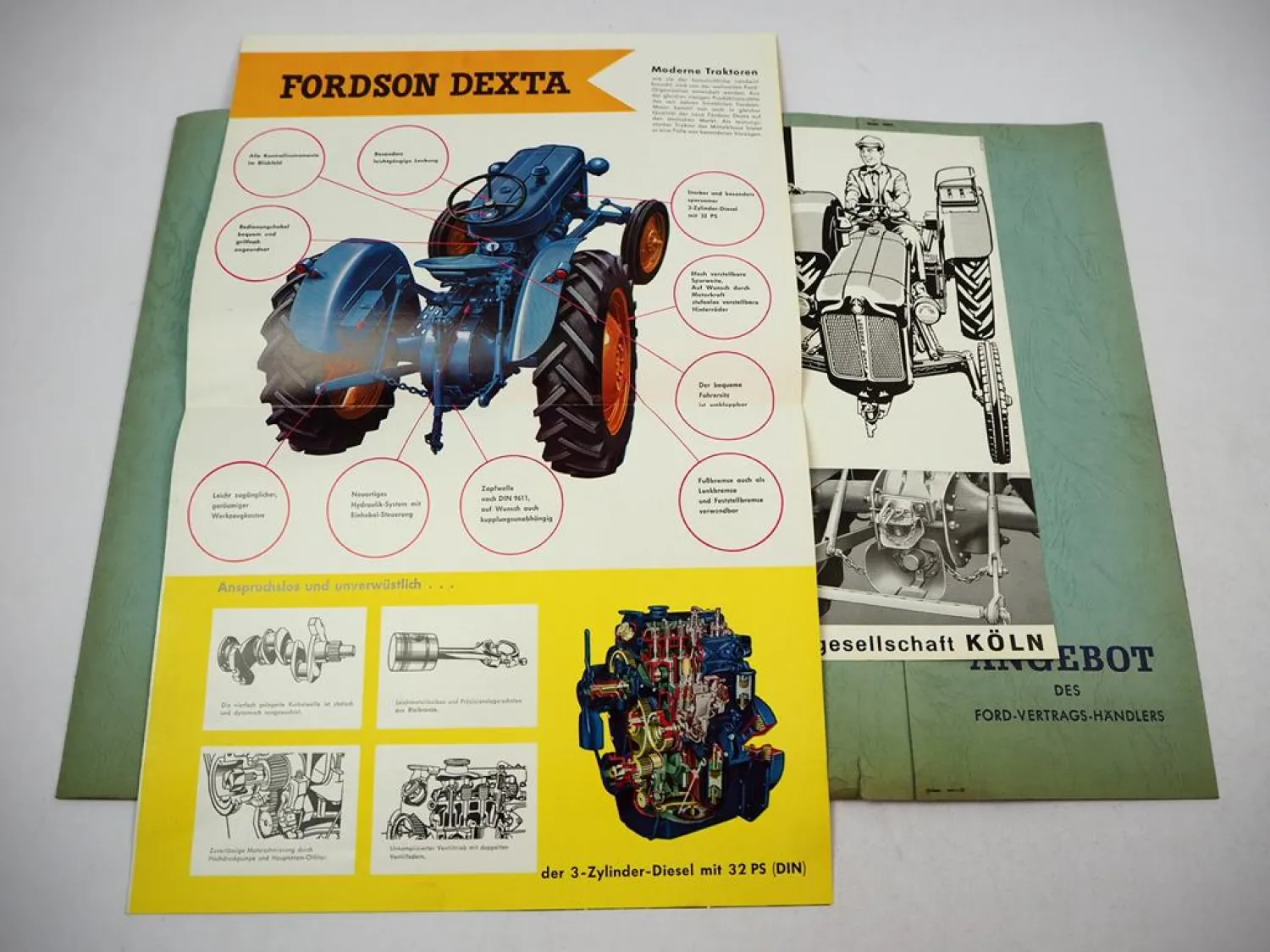 Ford Fordson Dexta 32 PS Schlepper 2x Prospekt mit Mappe 1957