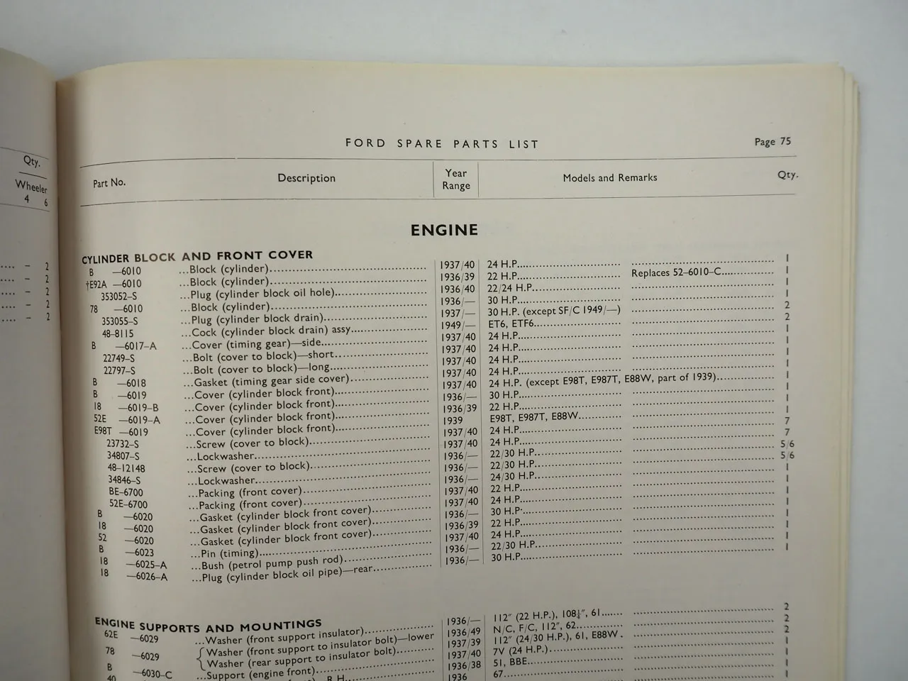 Ford Fordson Thames 22 24 30 H.P. Cars Spare Parts List 1936/50 England