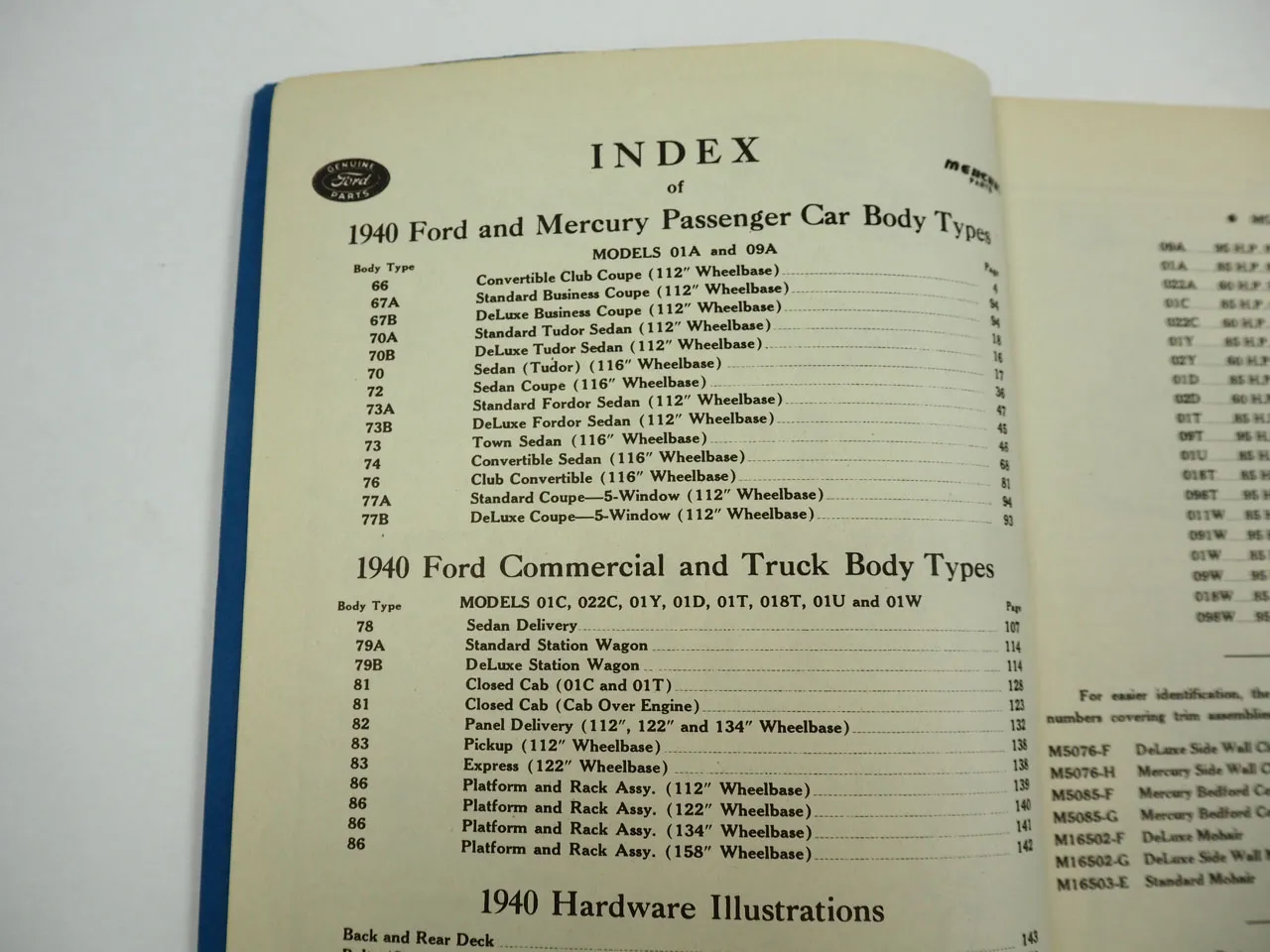 Ford Mercury Passenger Cars Commercial and Truck 1940 Body Parts List