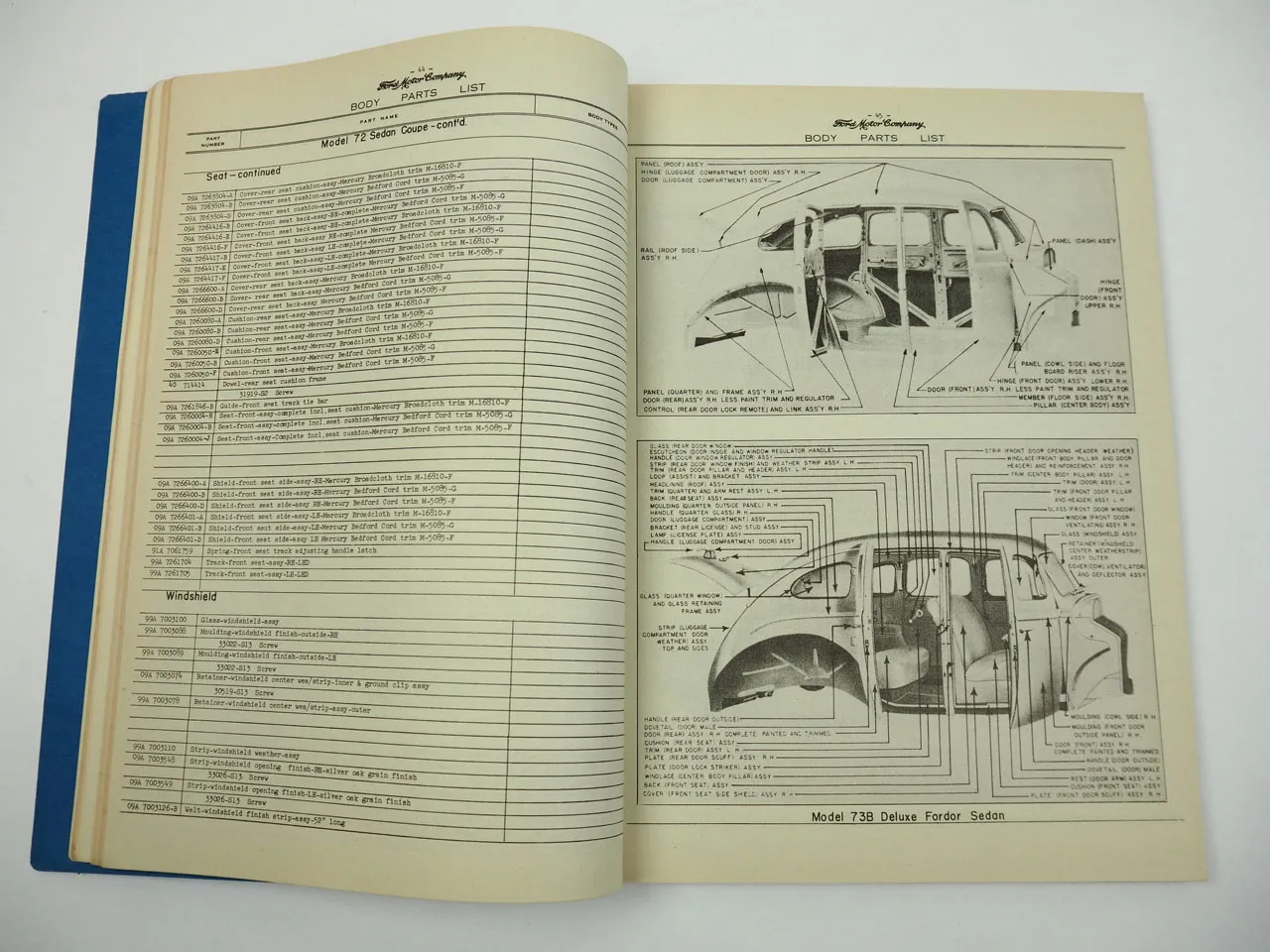Ford Mercury Passenger Cars Commercial and Truck 1940 Body Parts List