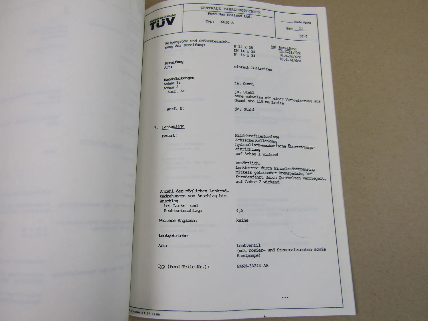 Ford New Holland 6610 A Schlepper Baujahr ab 1987 Mustergutachten