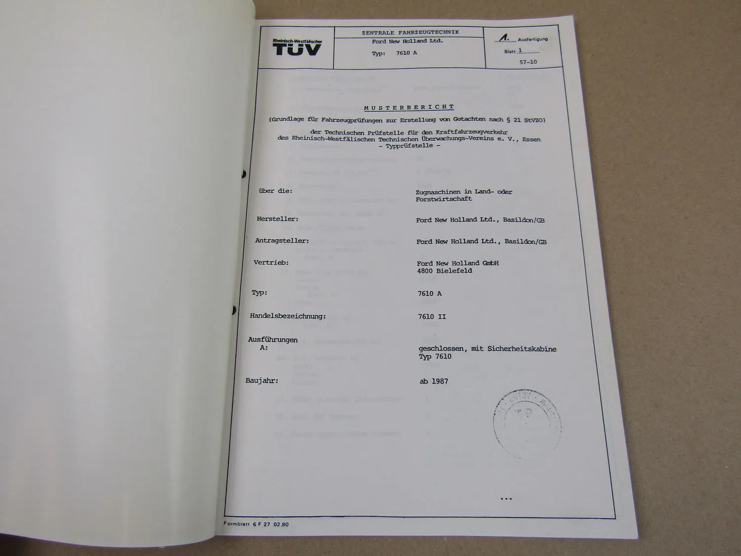 Ford New Holland 7610 A Schlepper Baujahr ab 1987 Mustergutachten