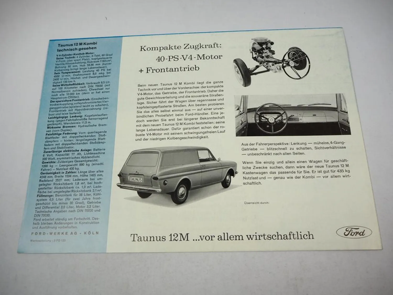 Ford Taunus 12 M P4 Kombi Prospekt Techn. Daten Produktvorstellung 1960er Jahre