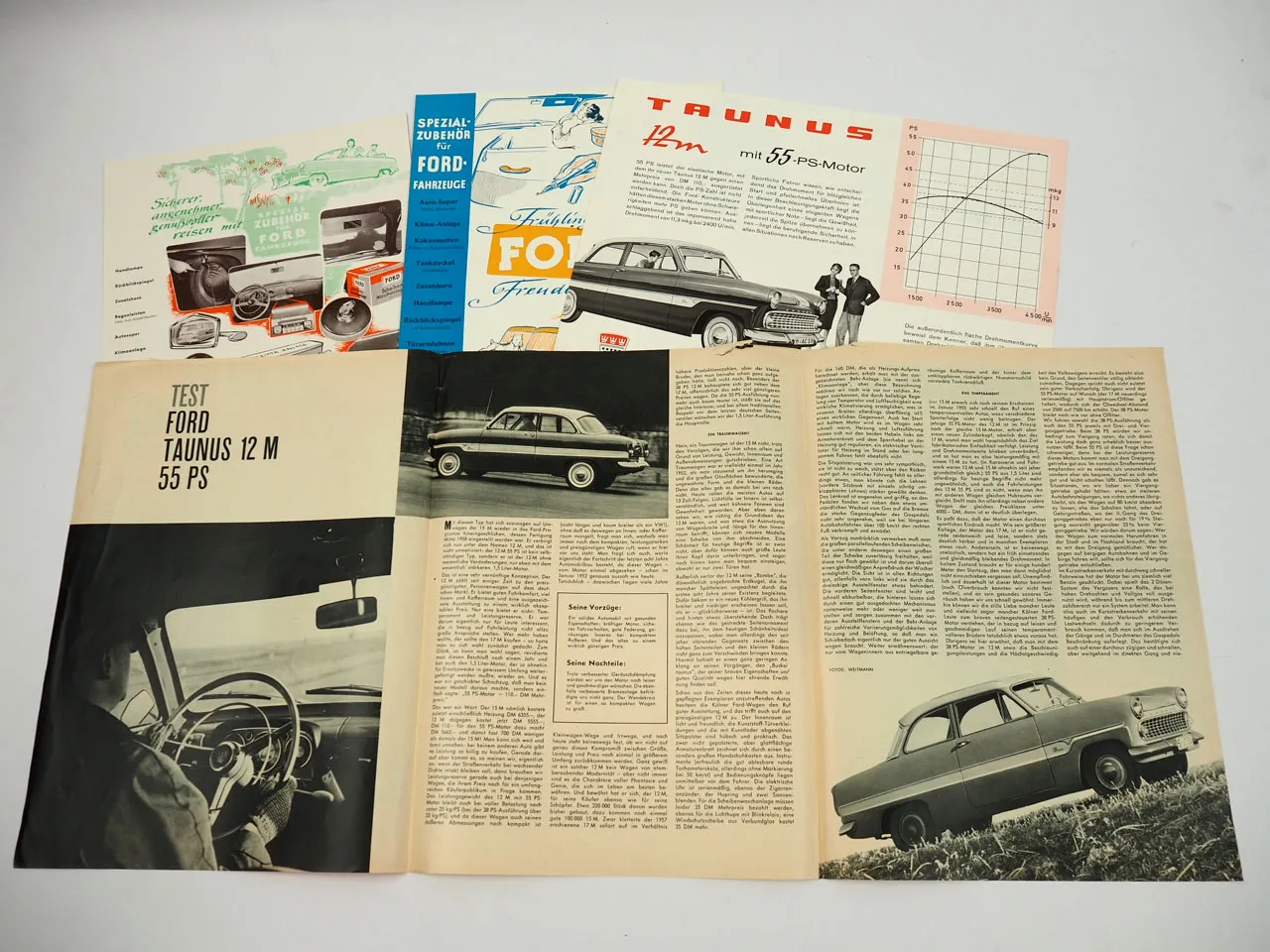 Ford Taunus 12M 55 PS Zubehör 3x Prospekt Testbericht 1960er Jahre