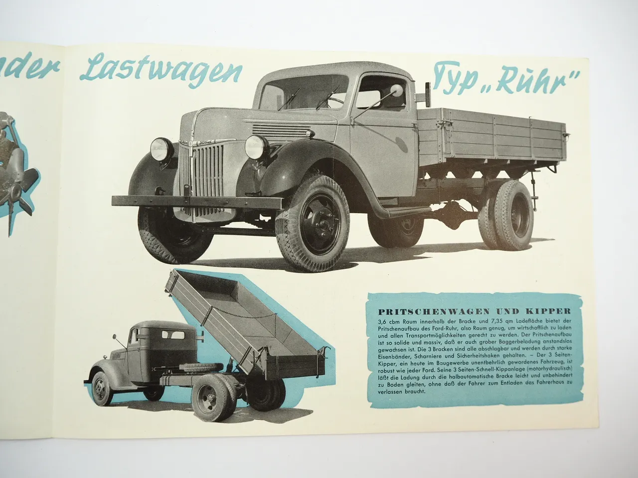 Ford Typ Ruhr 57 PS LKW Pritschenwagen Kipper 3 Tonner Prospekt 1950er Jahre