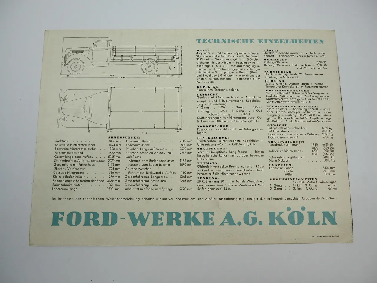 Ford Typ Ruhr 57 PS LKW Pritschenwagen Kipper 3 Tonner Prospekt 1950er Jahre