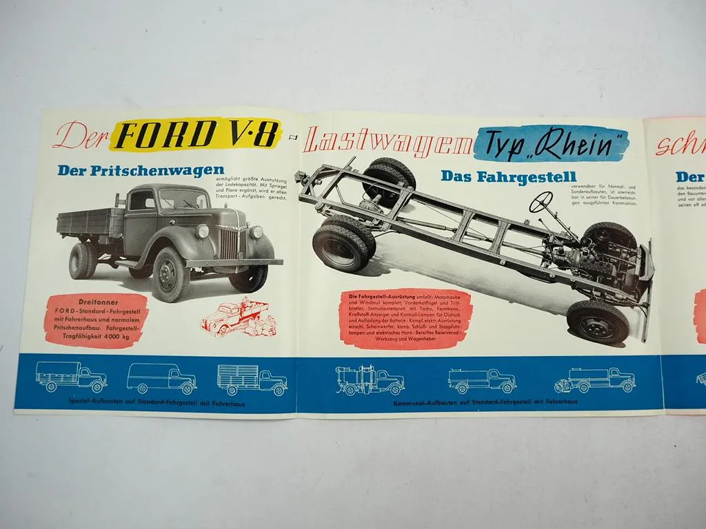 Ford V8 Lastwagen LKW Pritschenwagen Kipper Typ Rhein Prospekt 1949