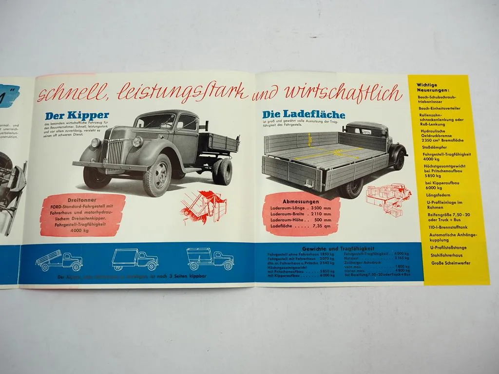 Ford V8 Lastwagen LKW Pritschenwagen Kipper Typ Rhein Prospekt 1949