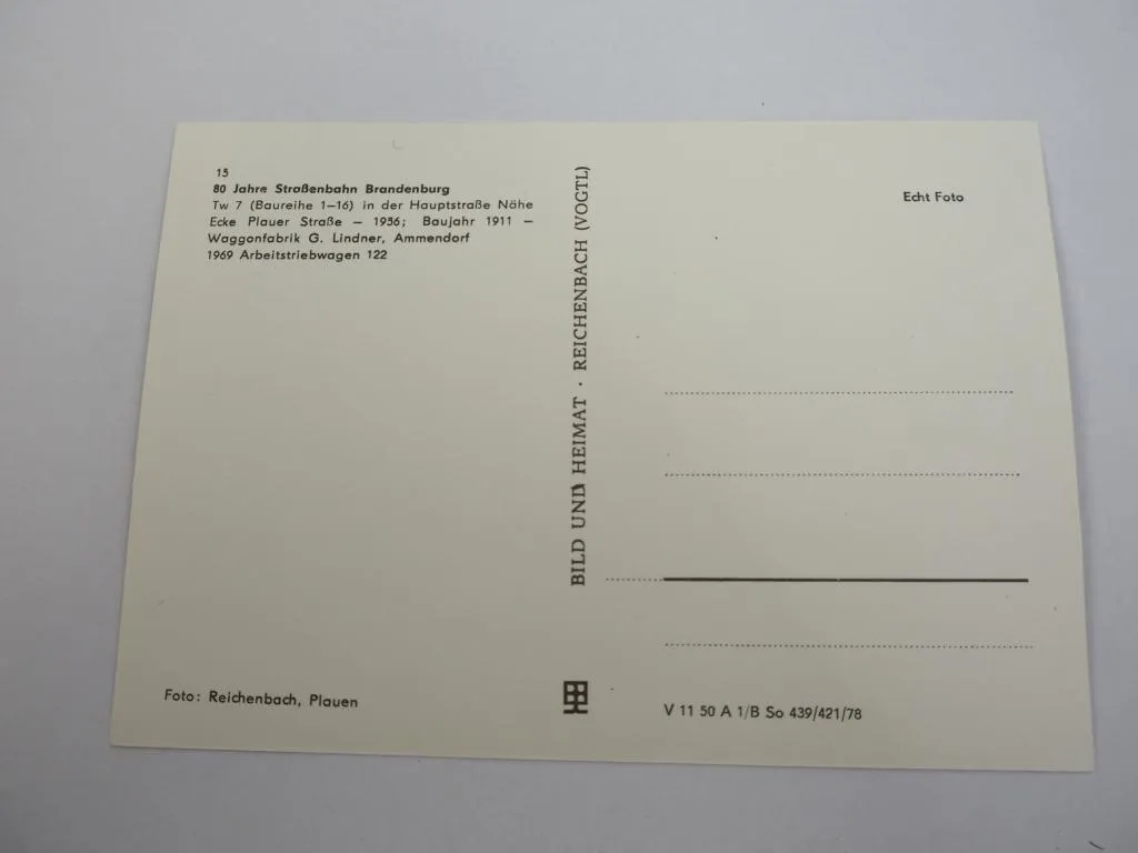 Foto AK 80 Jahre Straßenbahn 1978 Brandenburg Ecke Plauer Straße 1956 TW7 1911