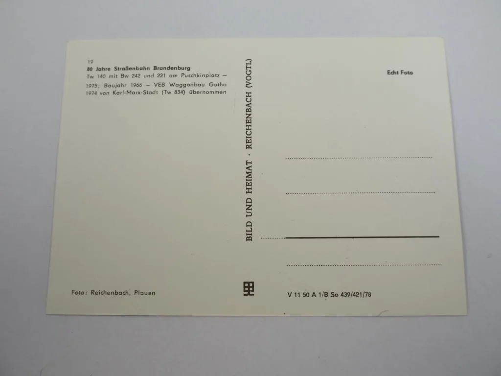 Foto AK 80 Jahre Straßenbahn 1978 Brandenburg Puschkinplatz 1975 TW140 Bj 1966