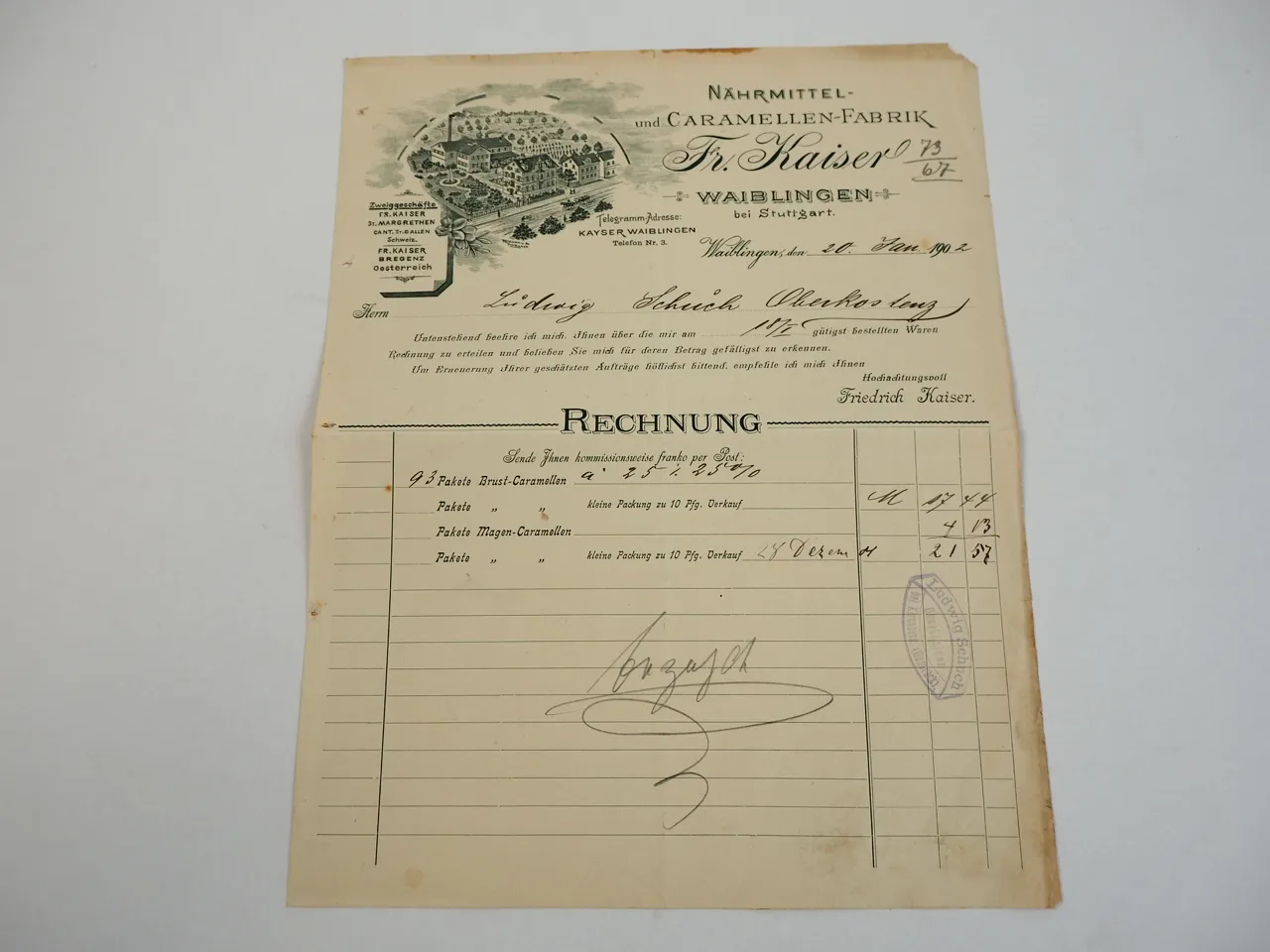 Fr. Kaiser Waiblingen bei Stuttgart Bonbon Caramellen Fabrik Rechnung 1902