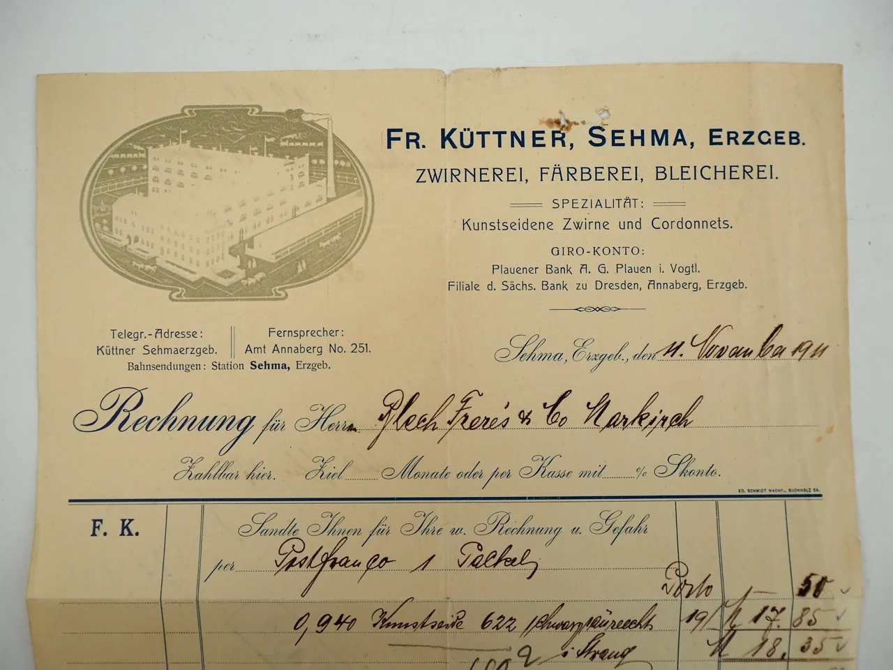 Fr. Küttner Sehma Annaberg Erzgebirge Zwirnerei Färberei Rechnung 1911