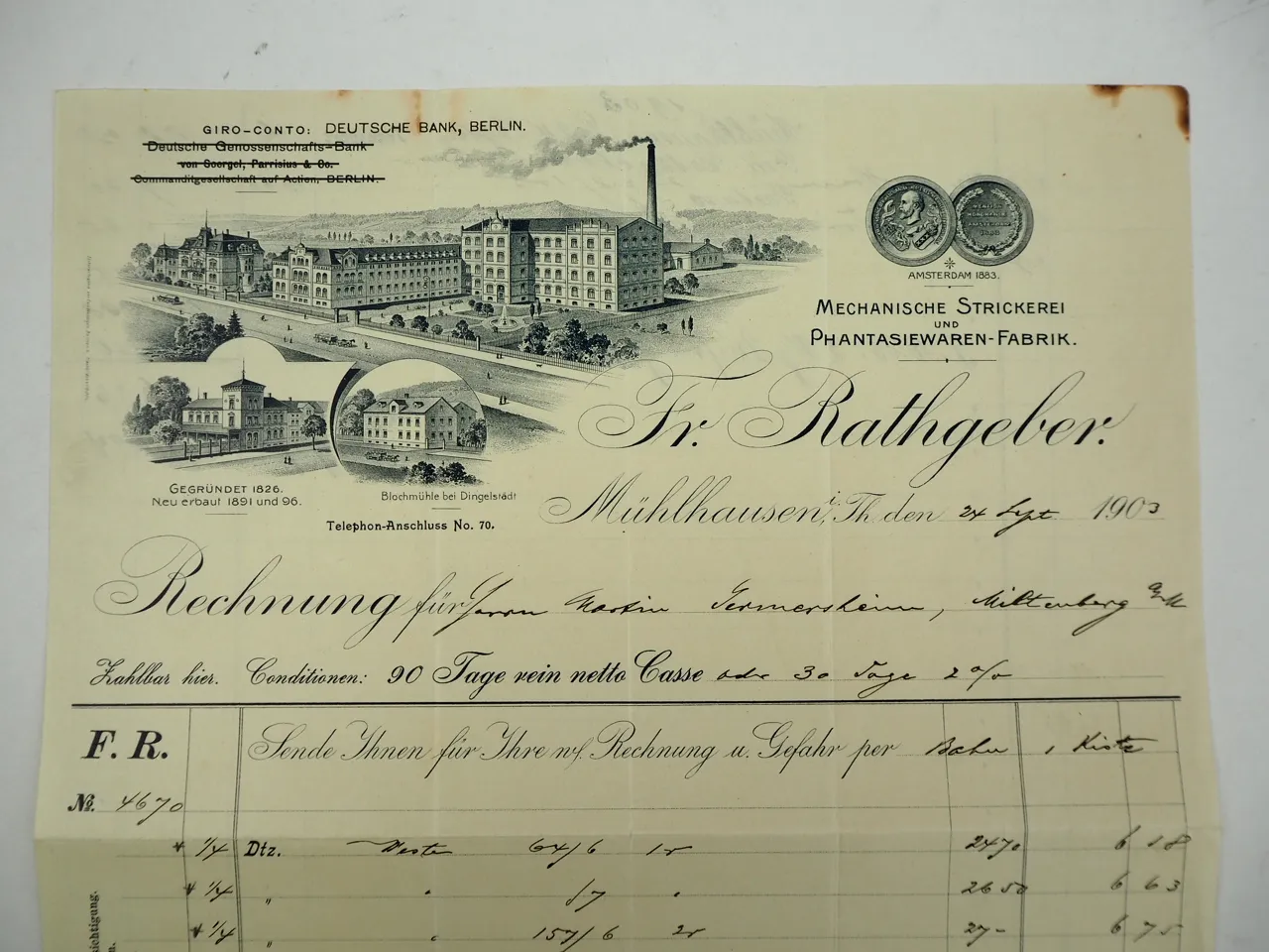 Fr. Rathgeber Mühlhausen Thüringen Strickerei Rechnung 1903