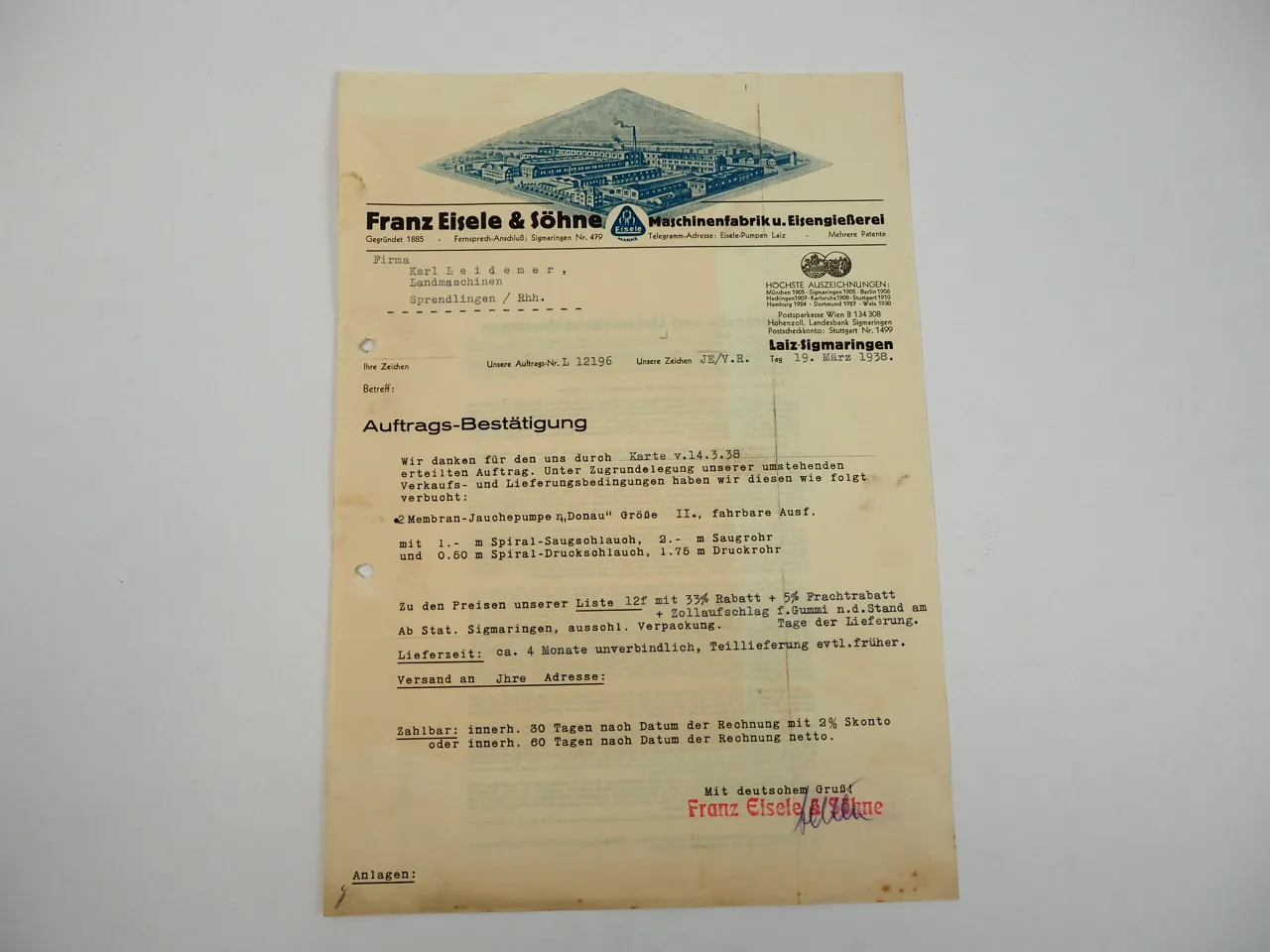 Franz Eisele Söhne Maschinenfabrik Eisengießerei Sigmaringen Brief 1938