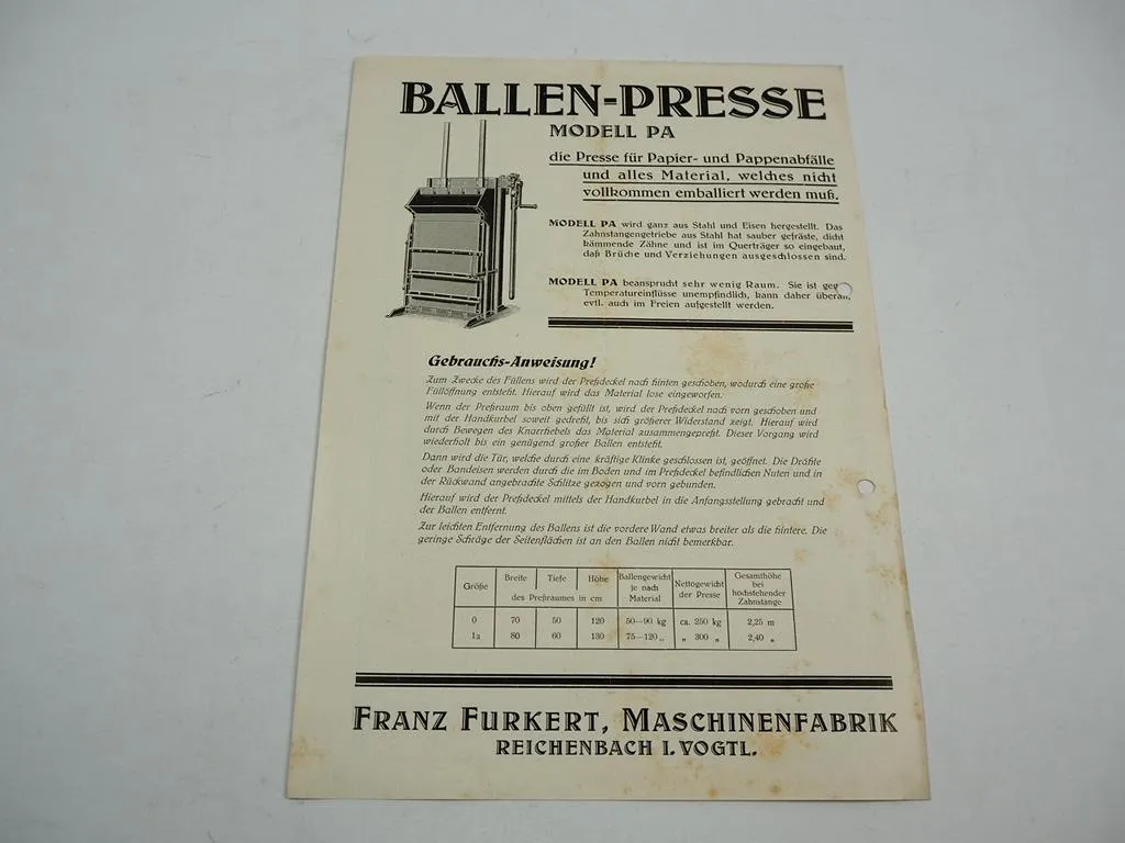 Franz Furkert Reichenbach Vogtl. Maschinenfabrik Presse Prospekt 1930er Jahre