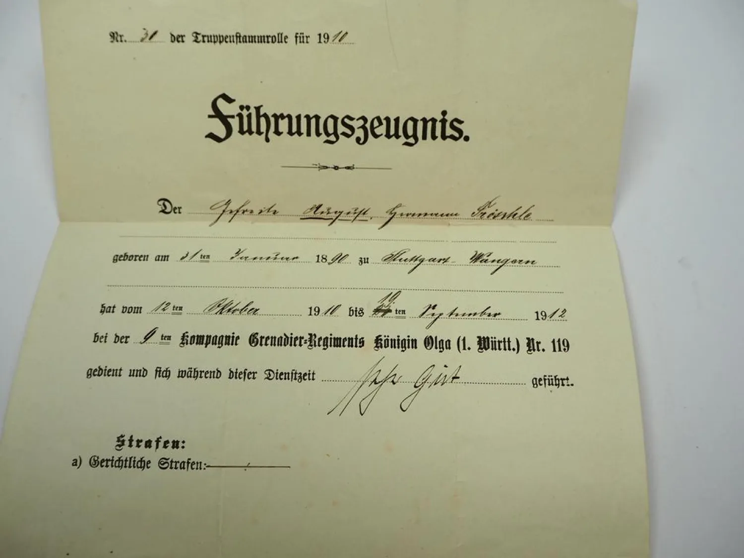 Führungszeugnis Württemberg 9. Kompanie Grenadier Regiment Königin Olga 1912