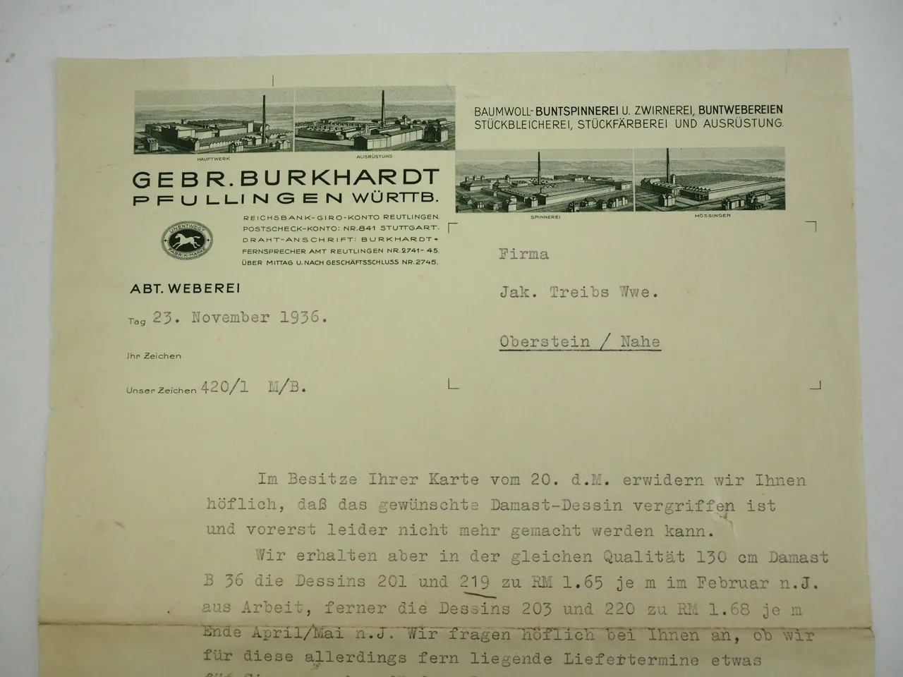 Gebr. Burkhardt Pfullingen Württemberg Weberei Geschäftsbrief 1936