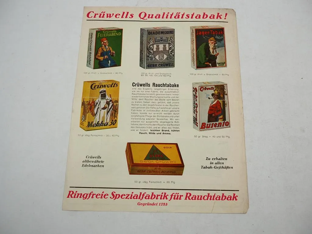 Gebr. Crüwells Tabak Rauchfabrik Bielefeld Prospekt 1927