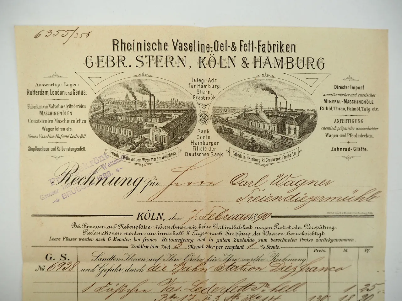 Gebr. Stern Rheinische Vaseline Oel Fett Fabrik Köln Hamburg 3x Rechnung 1890