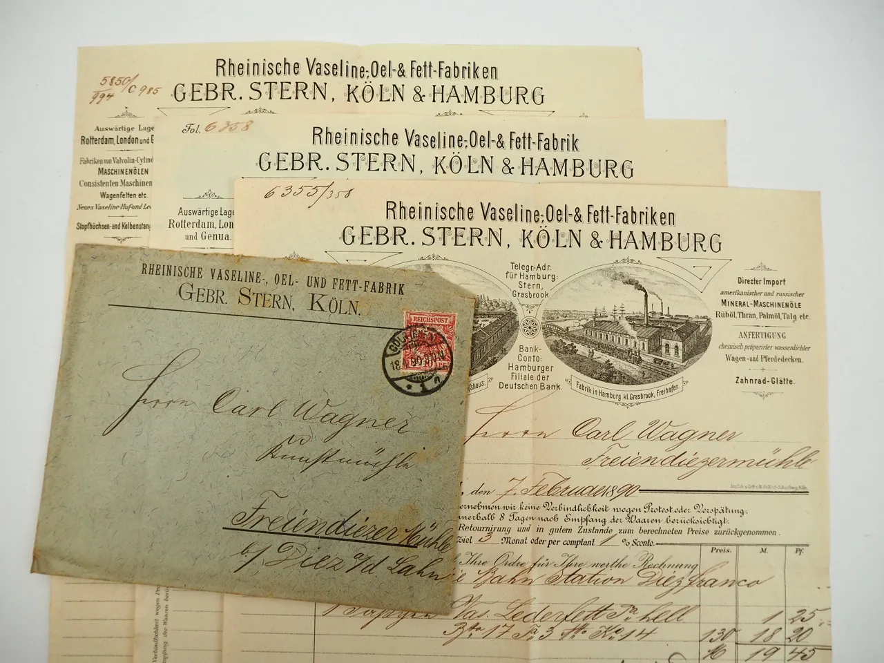 Gebr. Stern Rheinische Vaseline Oel Fett Fabrik Köln Hamburg 3x Rechnung 1890