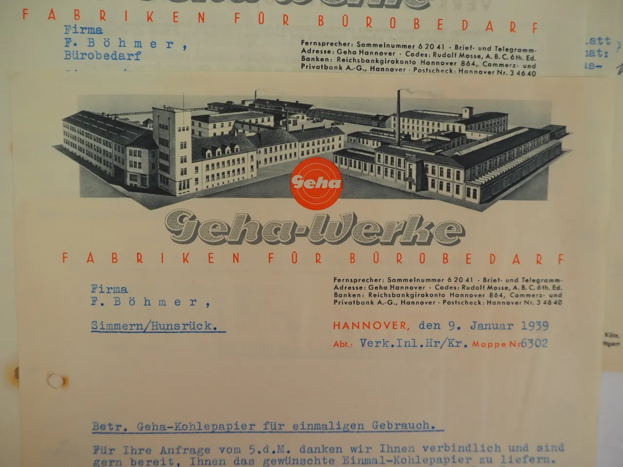 Geha Werke Hannover Bürobedarf Füller Firmenanschreiben Rechnungen 1937/49