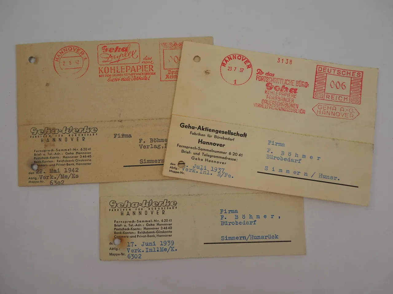 Geha Werke Hannover Bürobedarf Füller Firmenanschreiben Rechnungen 1937/49