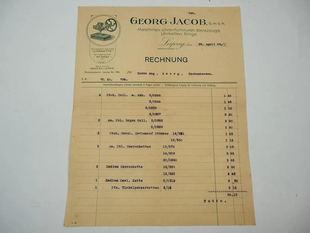 Georg Jacob GmbH Leipzig Katharinenstrasse Uhren Furnituren Ketten Rechnung 1909