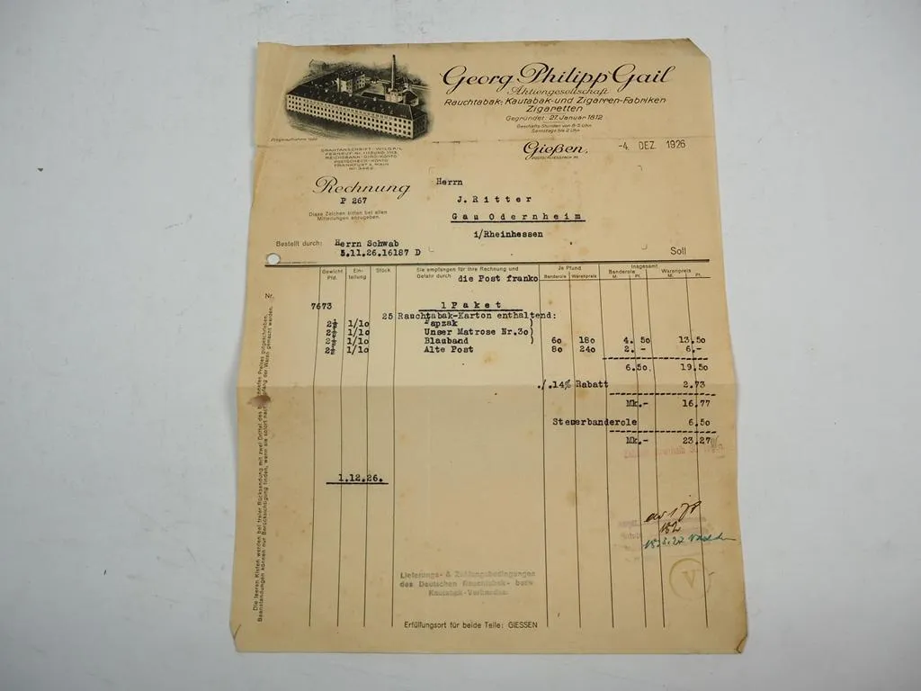 Georg Philipp Gail AG Tabak und Zigarren Fabriken Gießen Rechnung 1926