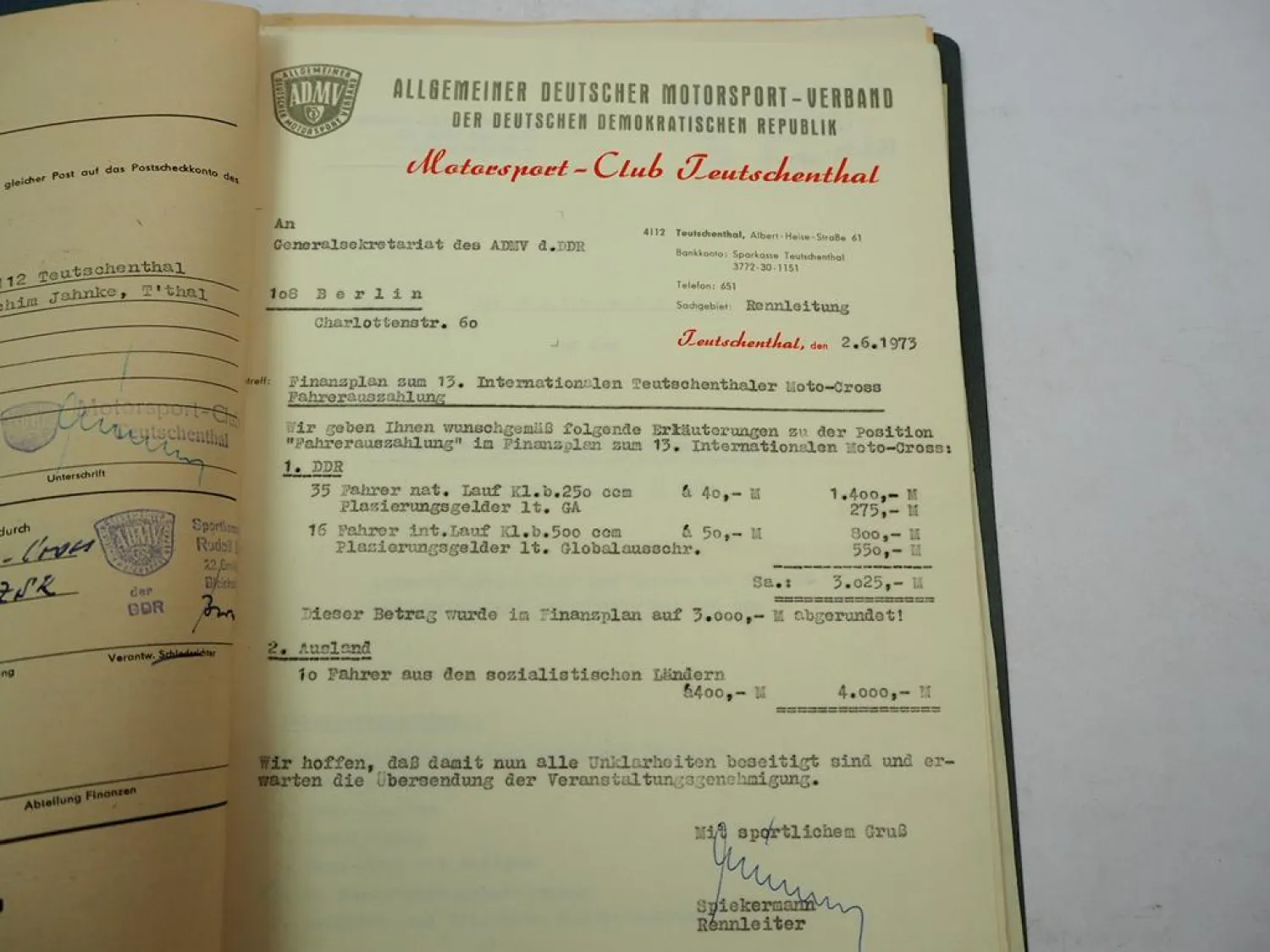 Geschäftsunterlagen Motorsportclub Teutschenthal DDR Moto Cross 1973 bis 1975