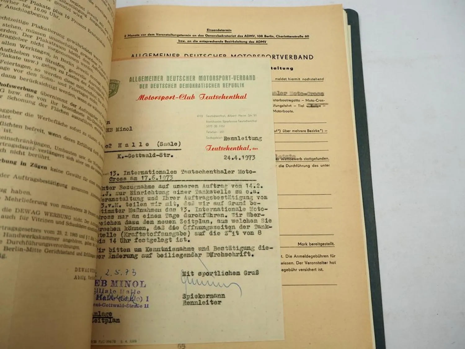 Geschäftsunterlagen Motorsportclub Teutschenthal DDR Moto Cross 1973 bis 1975